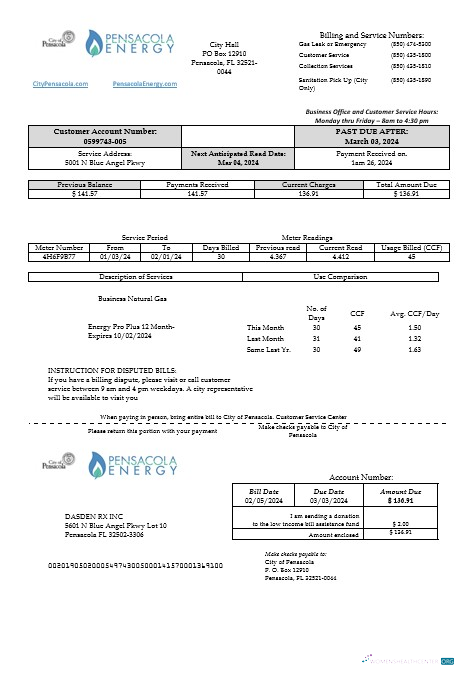 USA Florida Pensacola Energy business utility bill template in Word and PDF formats